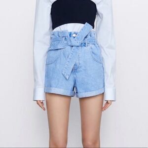 Zara Denim Paper Bag Self Tie Waist High Rise Cuffed Shorts Sz 4